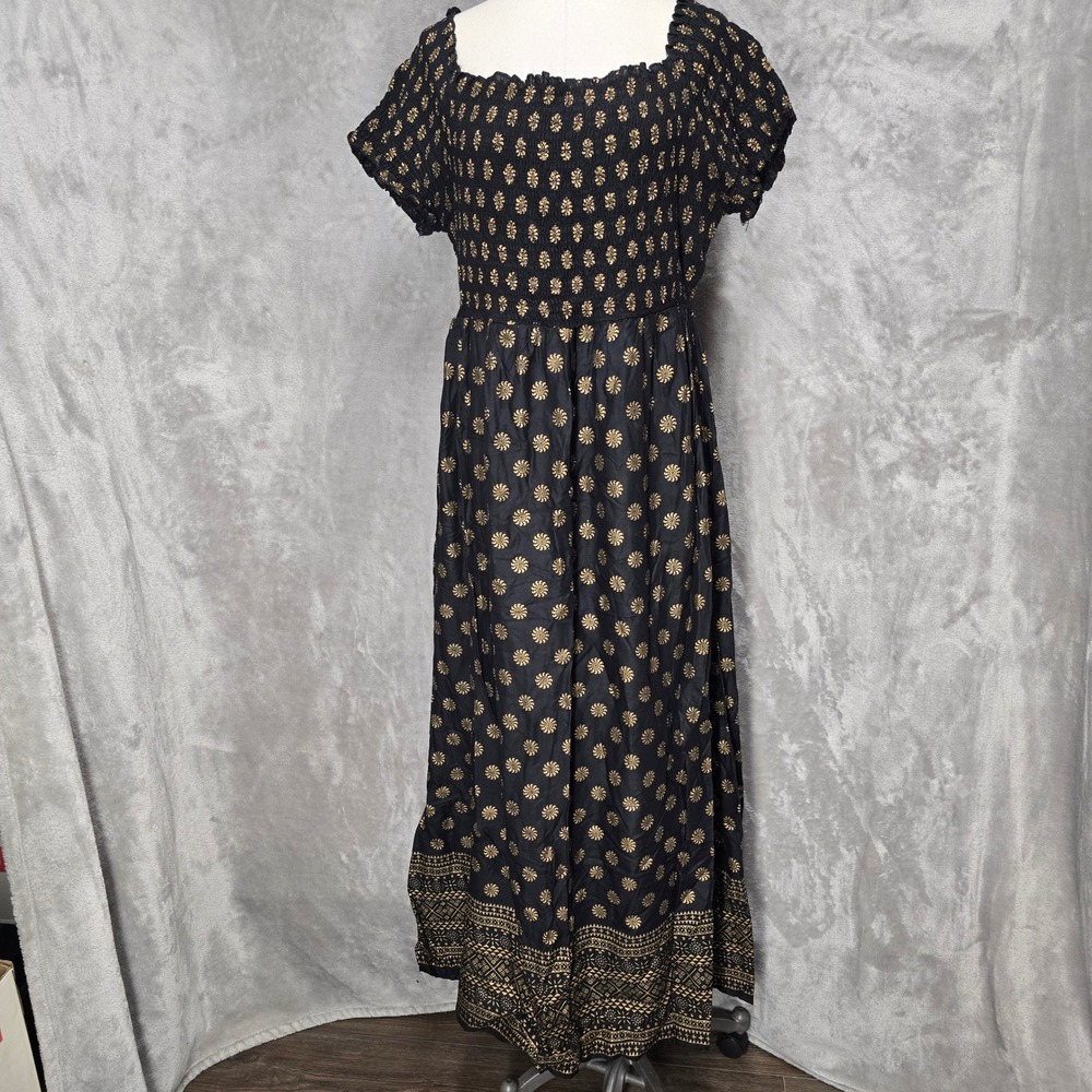 Lapogee Black Gold Floral Smocked Empire Waist Maxi‎ Dress Women's 2X Summer